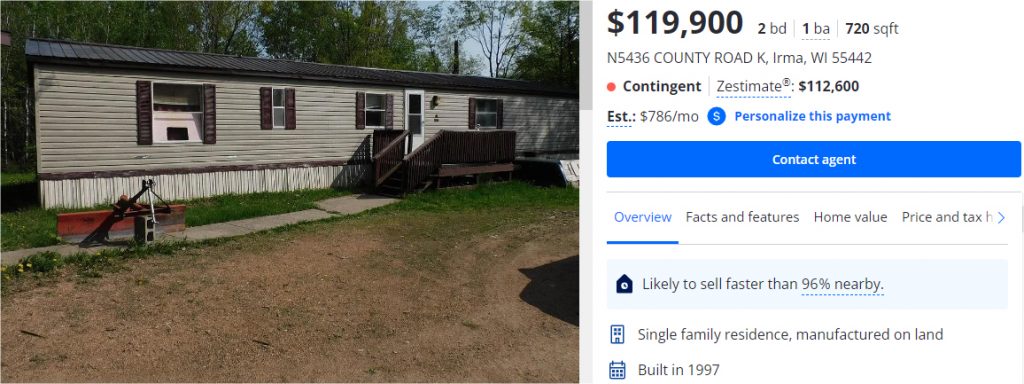 1997 Mobile Home with Land in Irma, Wisconsin, for $119,900