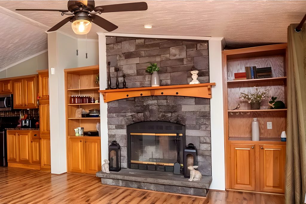 Mobile-Home-Fireplace-and Floating Shelves