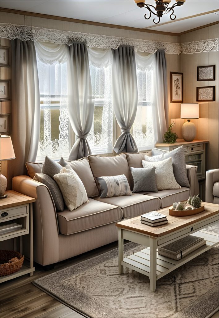 Mobile-Home-Living-Room-with-Lace Curtains