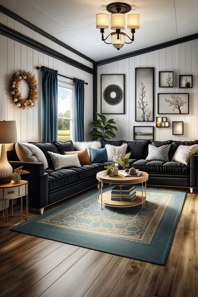 Mobile-Home-Living-Rooms-With-Black-Couches-and Bright Rugs