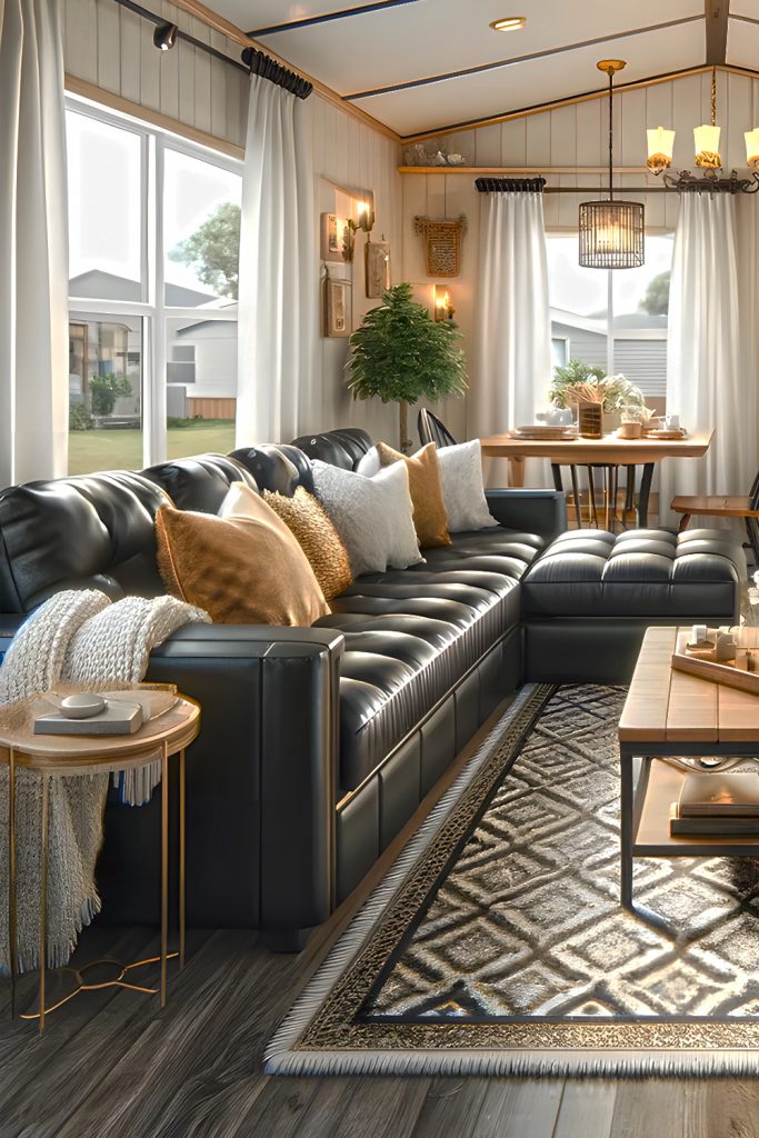 Mobile-Home-Living-Rooms-With-Black-Couches-and-Metallic-Touches