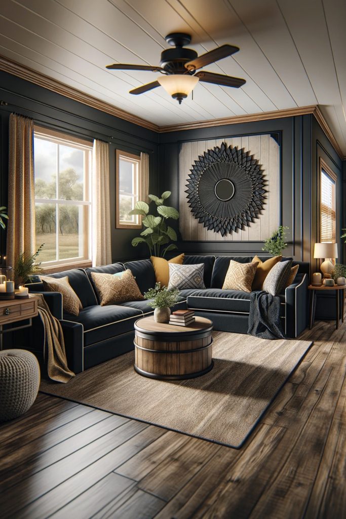 Mobile-Home-Living-Rooms-With-Black-Couches-and Monochrome Them
