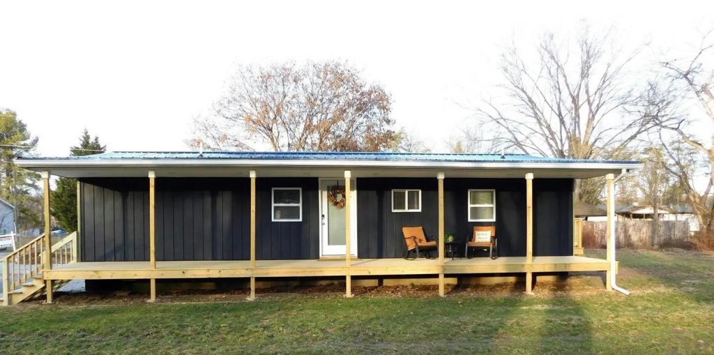 Mobile Home Black Siding with Wood Accents