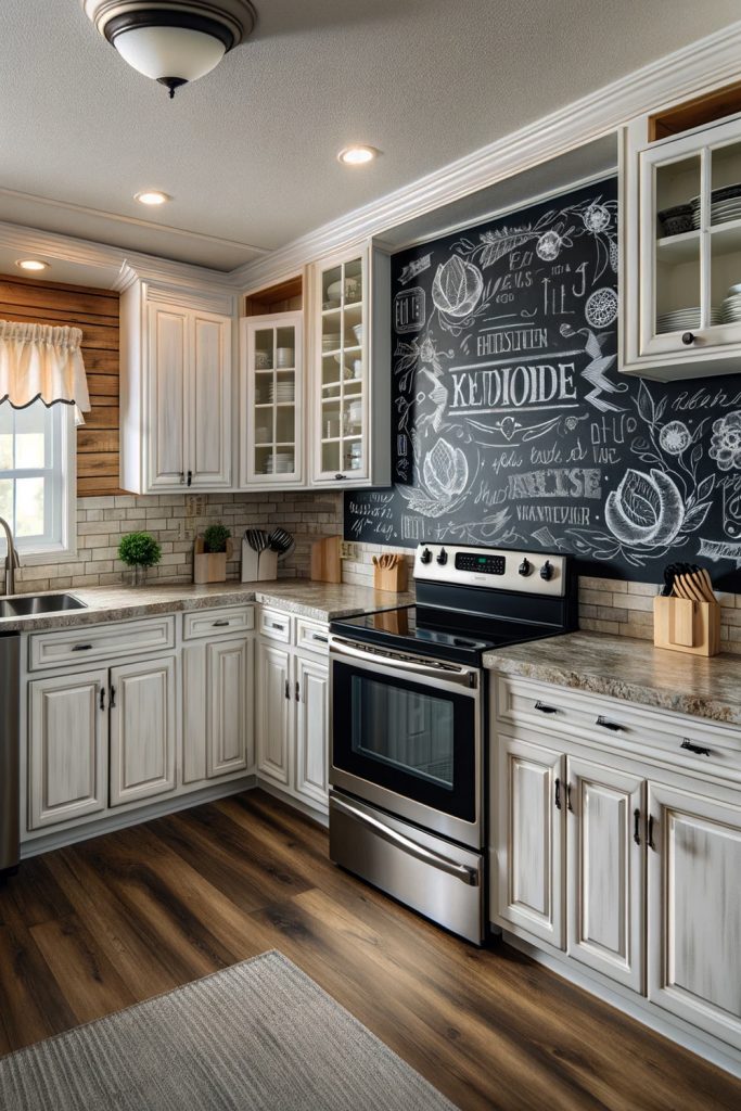 Mobile-Home-Kitchen-with-Chalkboard Backsplash