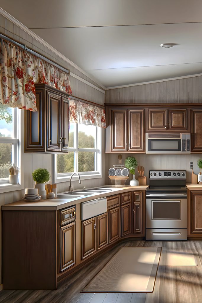 Mobile-Home-Kitchen-with-Patterned Fabric Shades