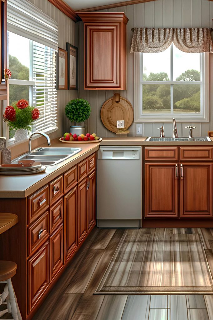 Mobile-Home-Kitchen-with-Plantation Shutters