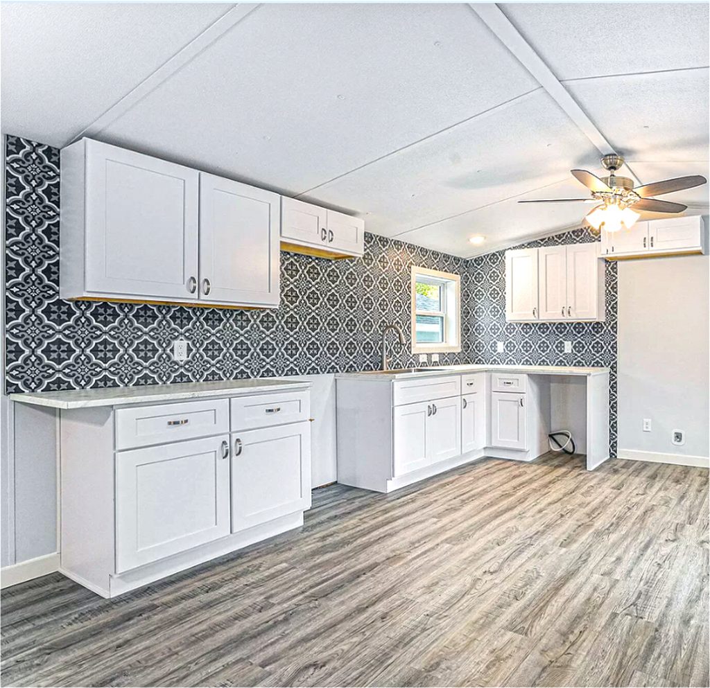 Mobile Home Kitchen with Vinyl Wallpaper Backsplash