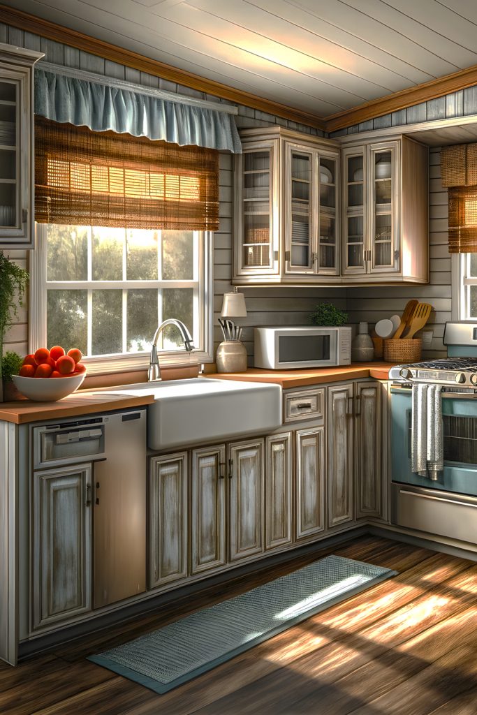 Mobile-Home-Kitchen-with-Woven Wood Shades