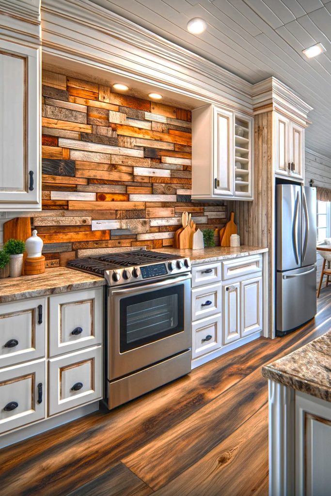 Mobile-Home-Kitchen-withReclaimed Wood Backsplash
