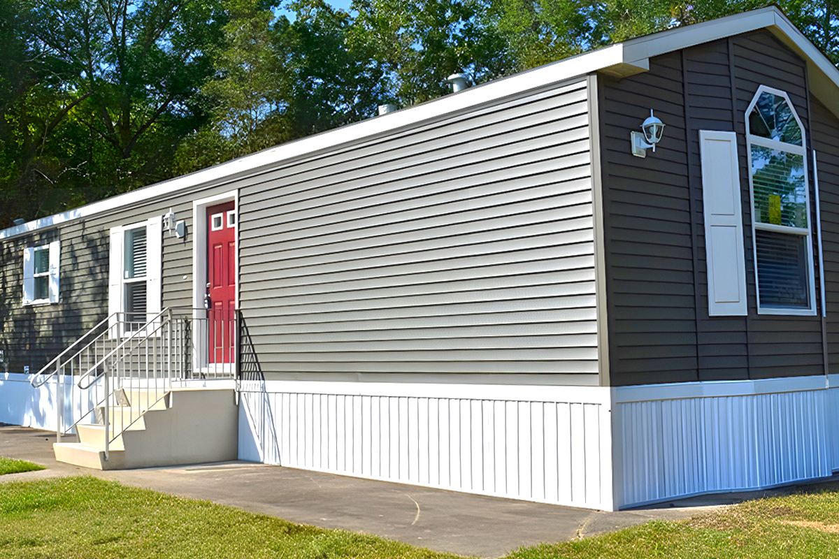 Mobile-Home-Exterior-Charcoal Gray with Red Door
