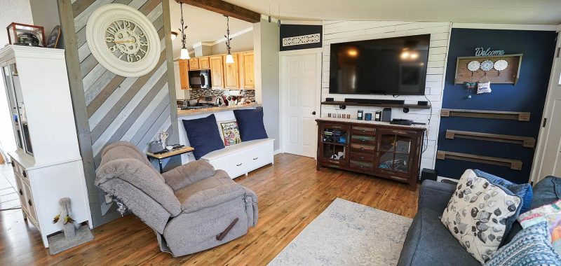 Stylish Modern Farmhouse Mobile Home Living Room