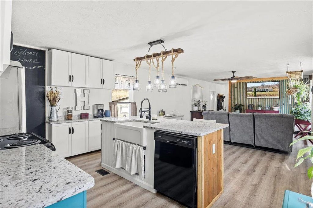 Single-Wide-Mobile-Home-Kitchen-Farmhouse-Makeover. cabinets white.