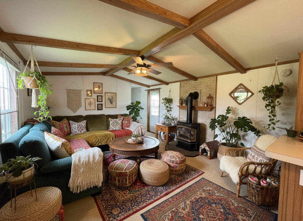 Single-Wide-Mobile-Home-Living-Room-Bohemian-Console-Plants