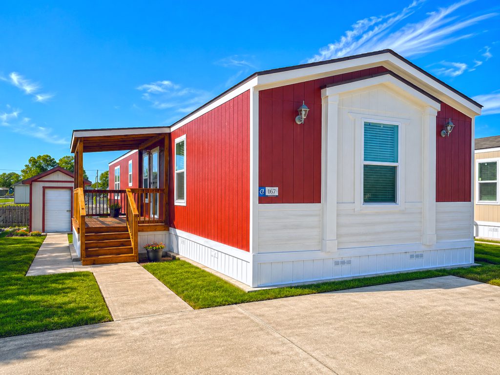 Red Mobile Home with White Front Accent