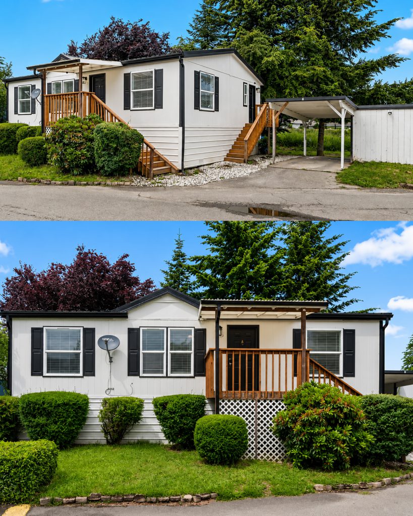 White Mobile Home With Black Shutters and Natural Wood Steps